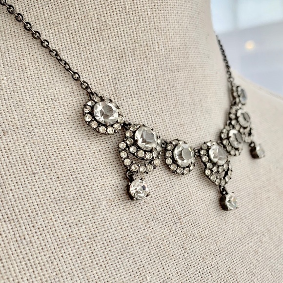 Round Gunmetal Vintage Art Nouveau Rhinestone Necklace Distressed Adjustable 20s - Picture 5 of 9